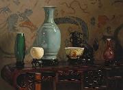 Hubert Vos Asian Still Life with Blue Vase, oil painting by Hubert Vos France oil painting artist